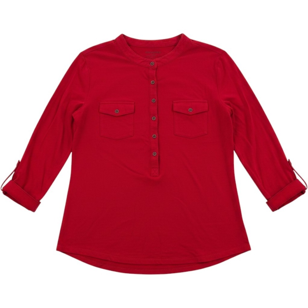 Relativity Henley Top Size M Red Button Tab Sleeve Cotton Blend Jersey Pocket